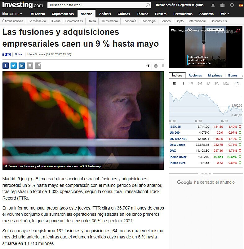 Las fusiones y adquisiciones empresariales caen un 9 % hasta mayo